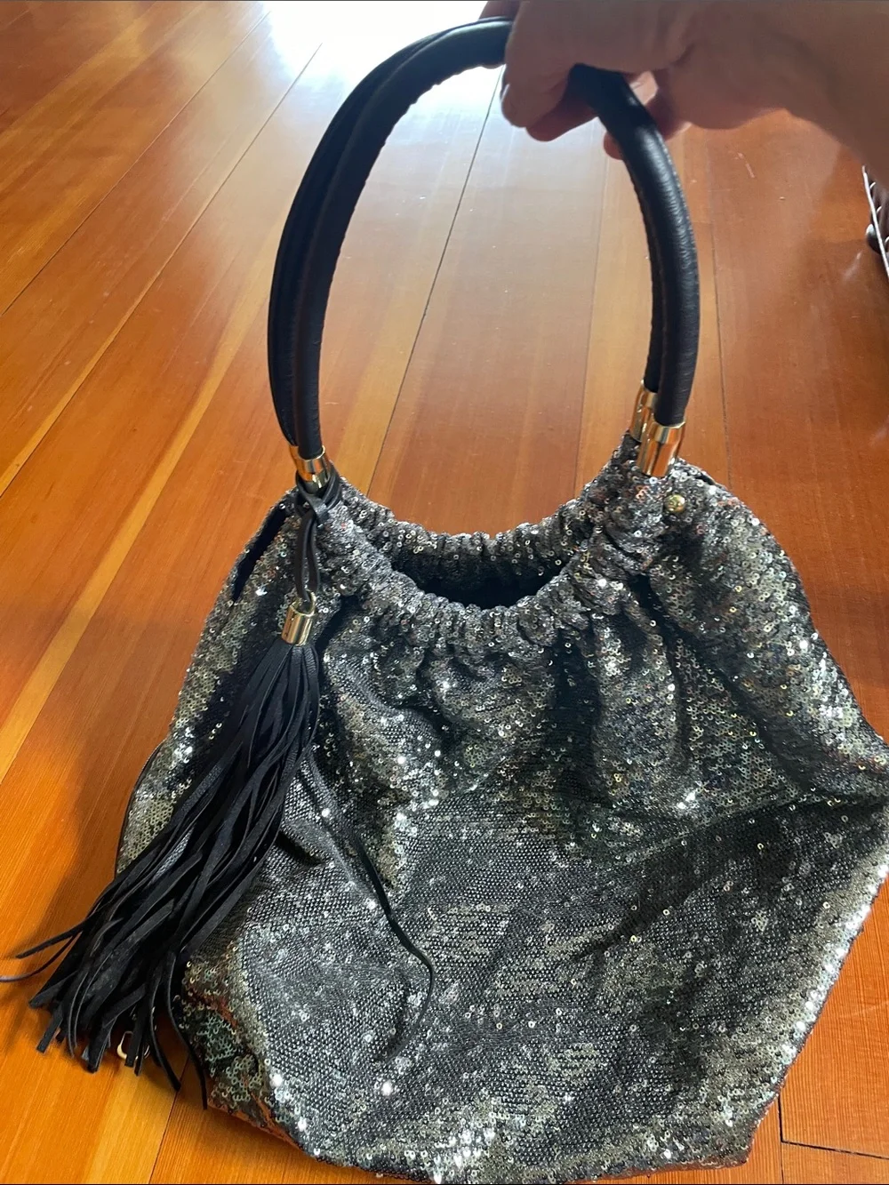 Steve Madden Black Sequin Hobo with Tassel Handle